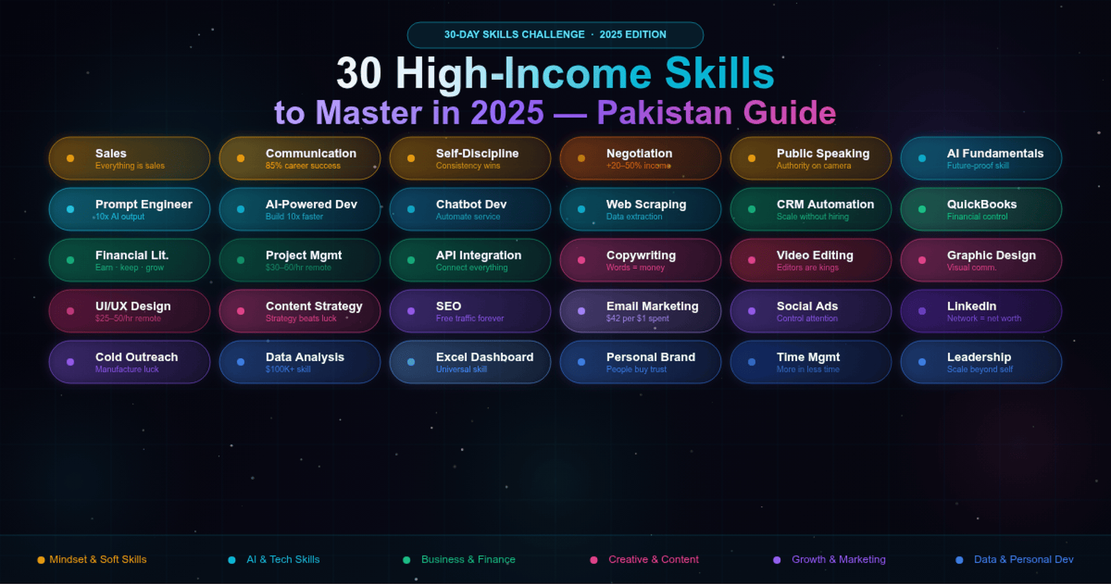 30 High-Income Skills to Master in 2025 — Complete Learning Guide for Pakistan including AI, Copywriting, SEO, Data Analysis, Video Editing and More