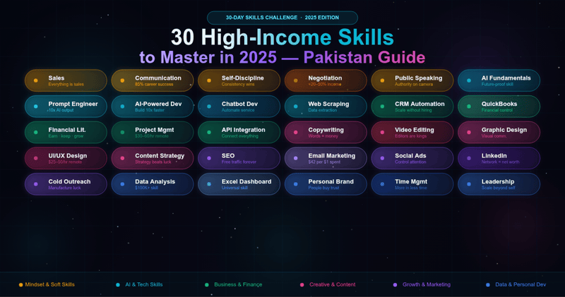 30 High-Income Skills to Master in 2025 — Complete Learning Guide for Pakistan including AI, Copywriting, SEO, Data Analysis, Video Editing and More
